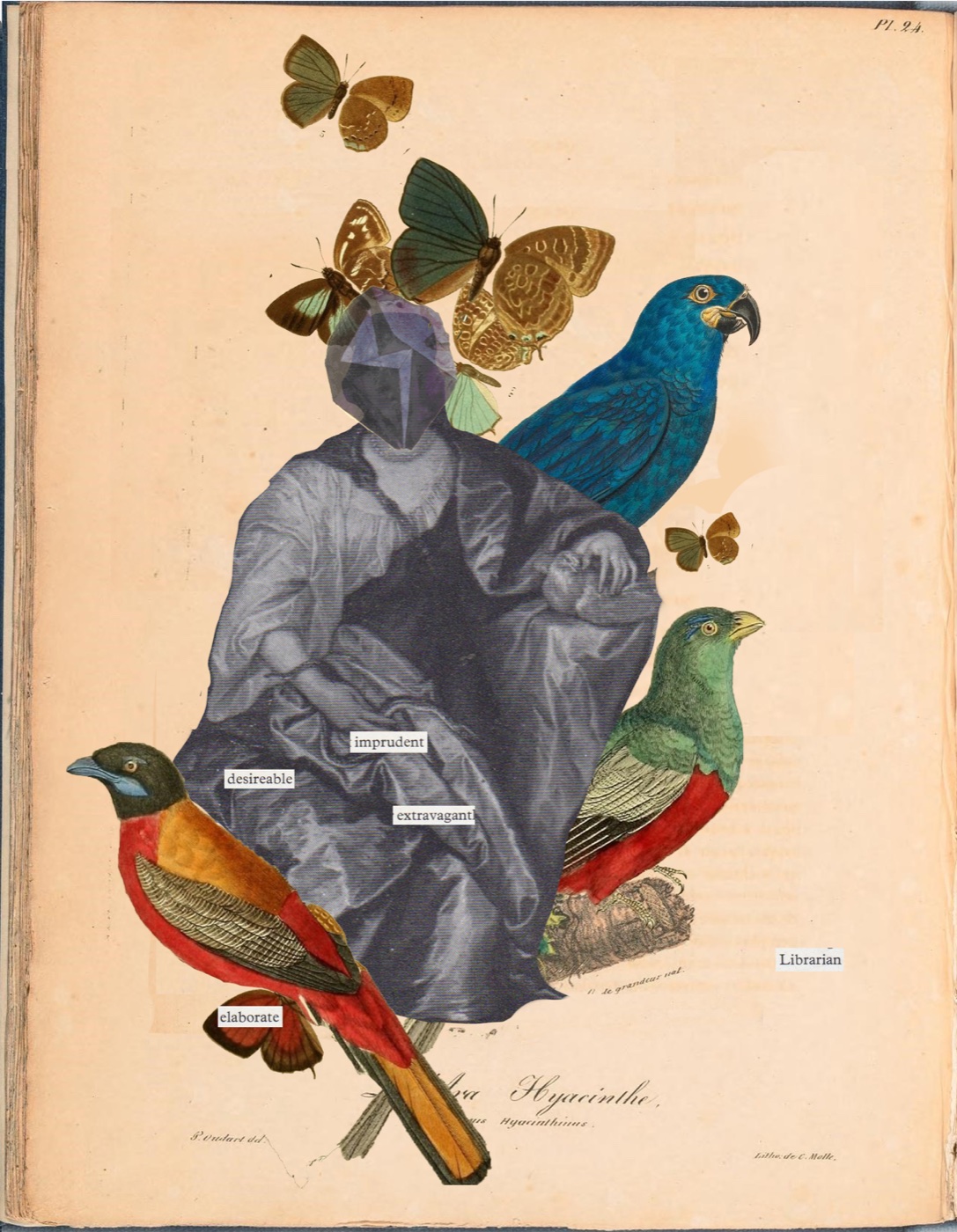 A collage on an antique book page: a seated historical figure with a faceted head is surrounded by jewel-coloured birds and butterflies, with extracted descriptive labels.