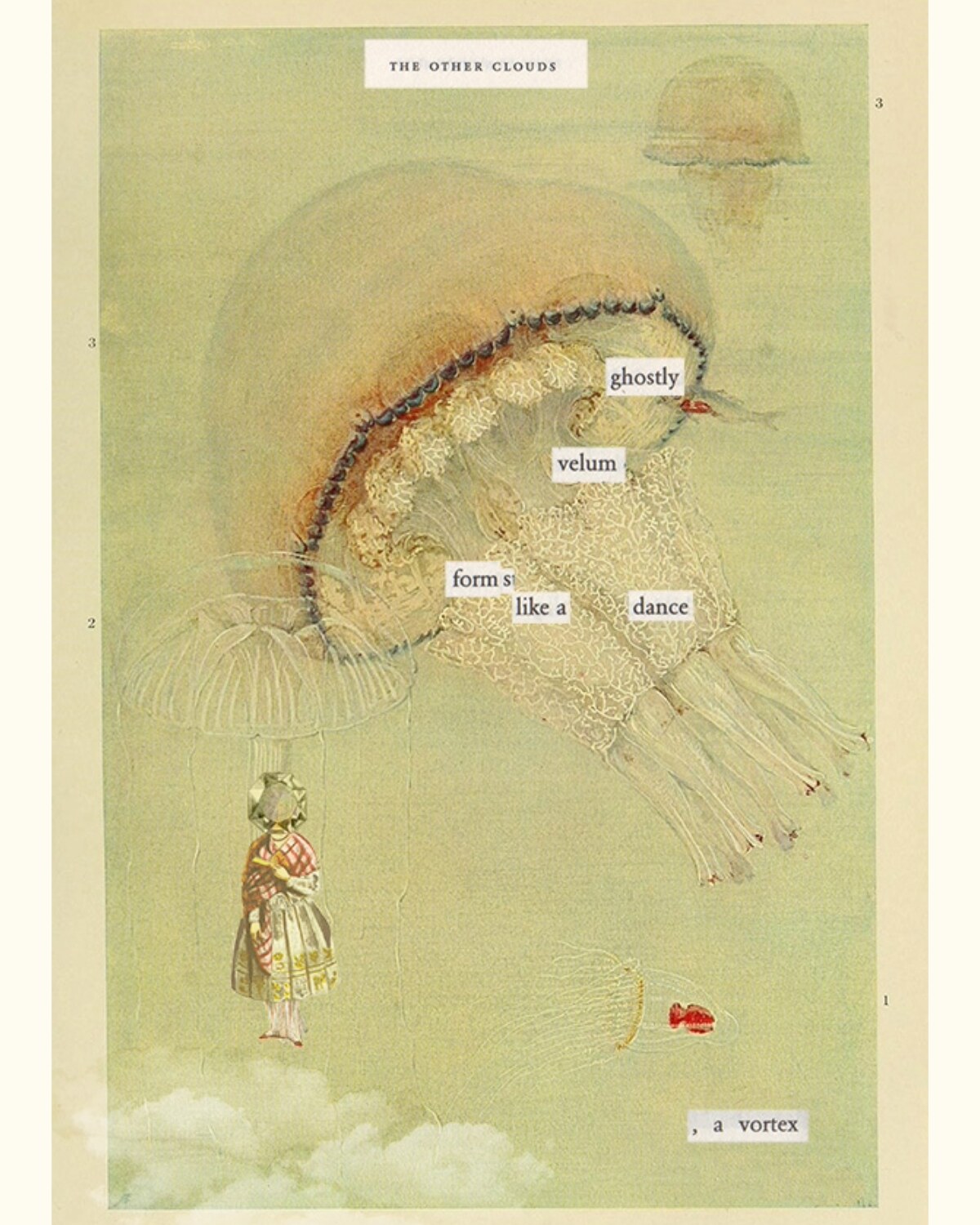 An erasure poem titled The Other Clouds: a lace-fringed jellyfish-cloud arcs overhead as a small figure walks beneath an umbrella-like form; the surviving words read ghostly, velum, form s like a dance, a vortex.
