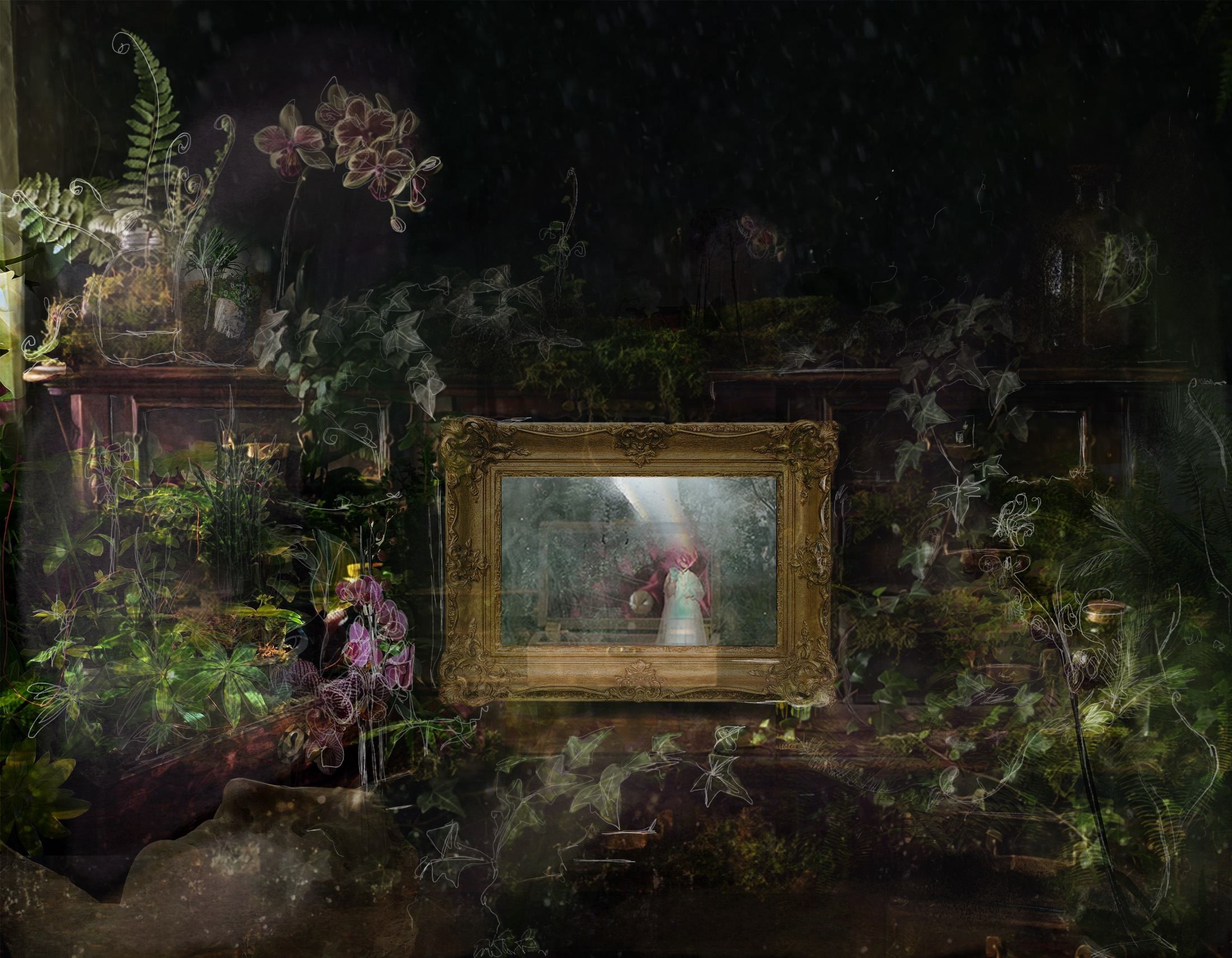 A working collage: a Victorian bureau overgrown with ferns, ivy, moss and orchids in near-darkness. At its centre a gilt frame holds misted glass, in which a pale-gowned figure with a bloom for a head stands beside an open sewing box. A magenta thread trails from beneath the frame into the foliage.