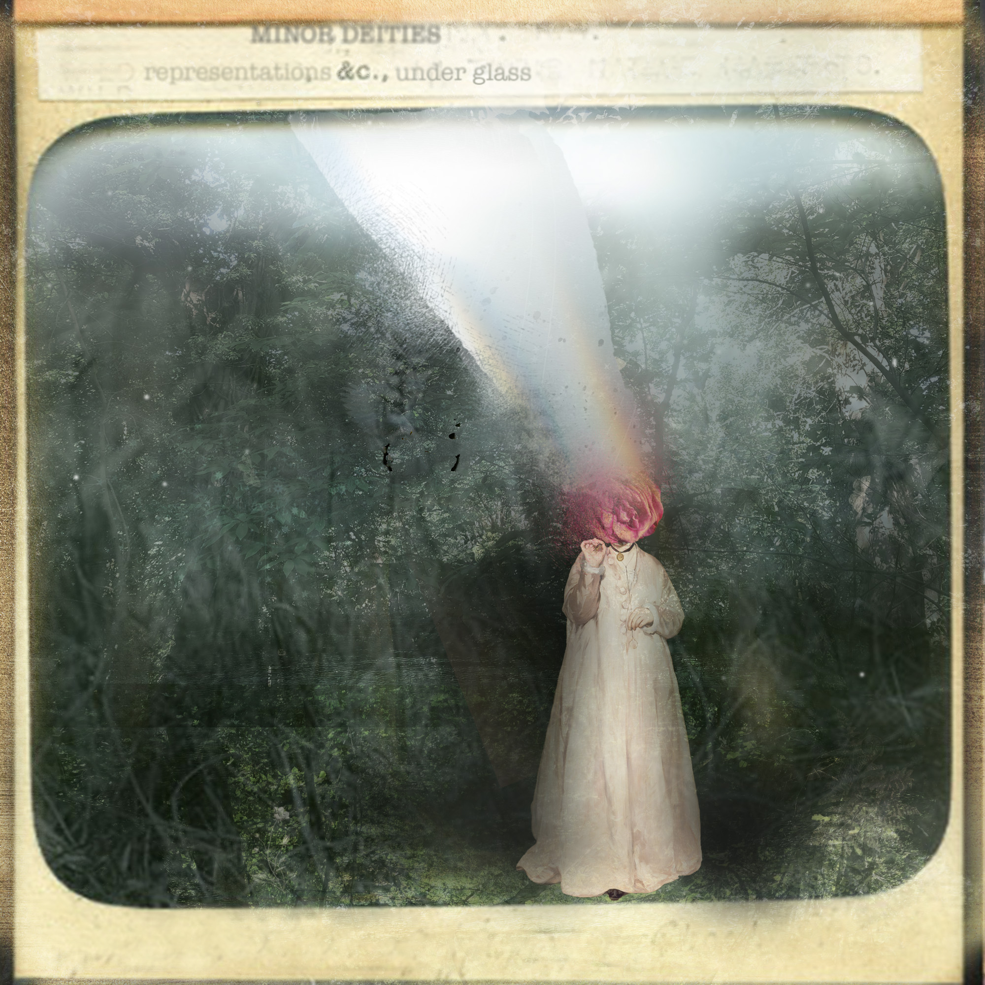 A lantern slide titled Minor Deities: representations &c., under glass. A figure in pale Victorian dress stands in a wooded clearing, her head replaced by a bloom of rose-pink light.