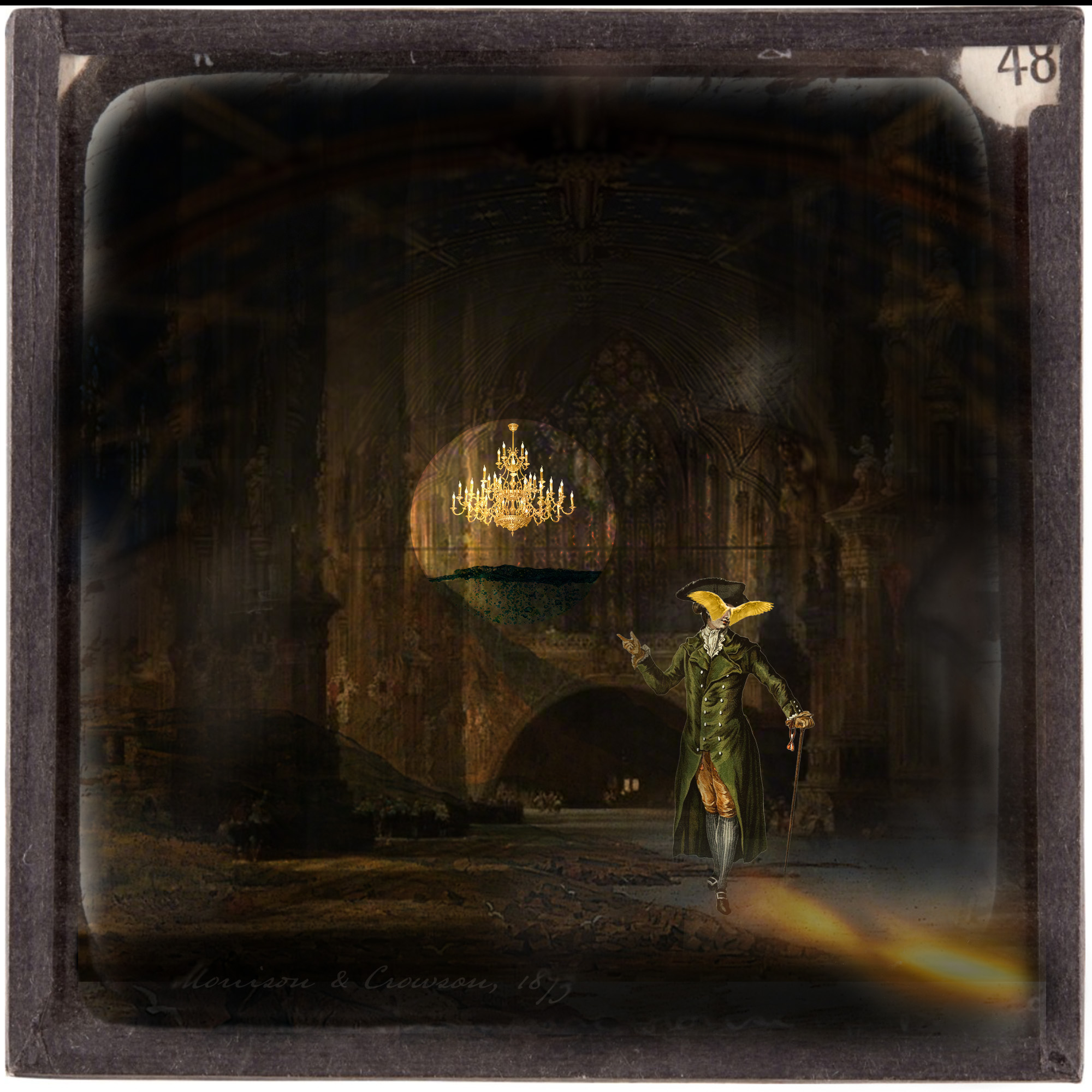 A figure with an owl's head in eighteenth-century dress gestures toward a golden chandelier suspended in a ruined hall.