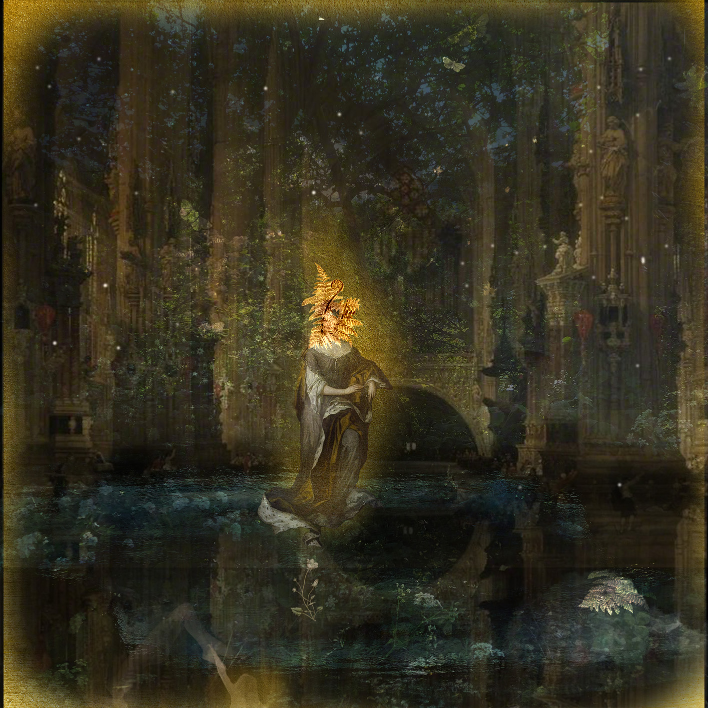 A figure with a glowing fern in place of a head stands in flooded cathedral ruins, reflected in still dark water.
