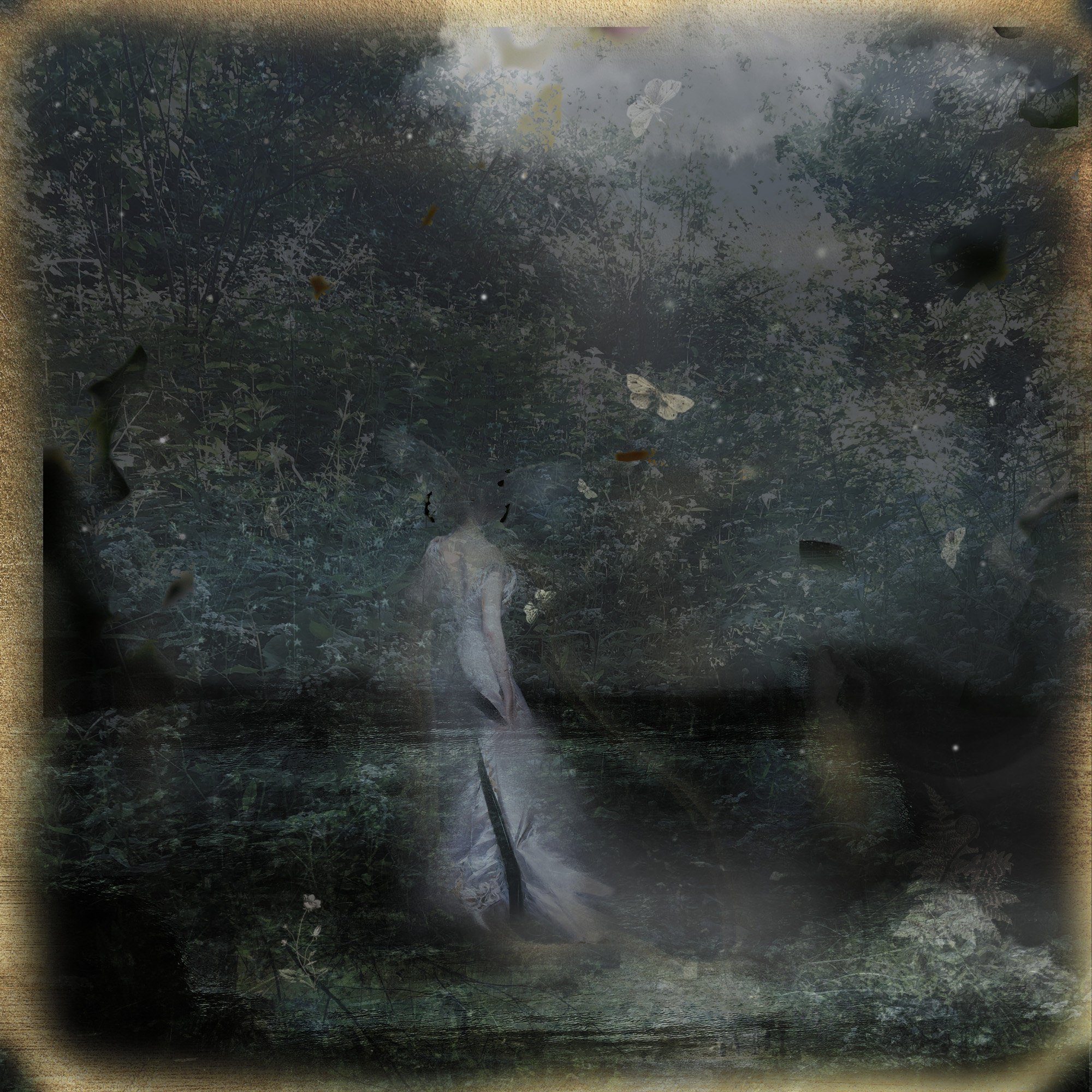 A pale, faceless figure seen from behind, standing at the edge of dark water in a tangled forest.
