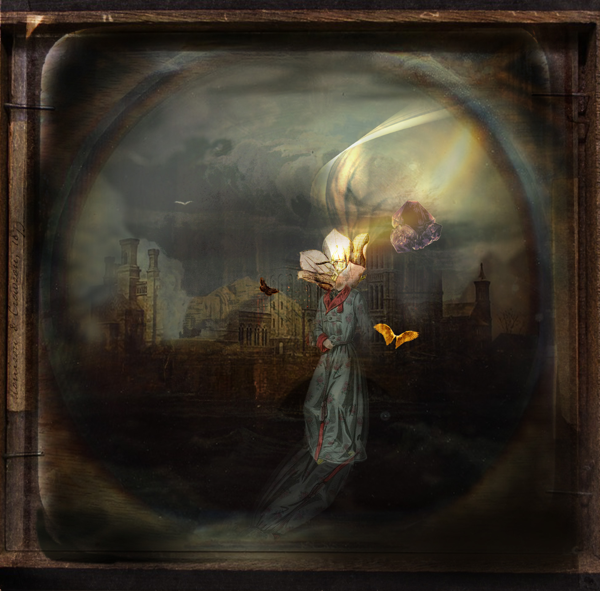 A figure with a flower in place of a head stands before ruined city towers, a cluster of amethyst crystal floating nearby.