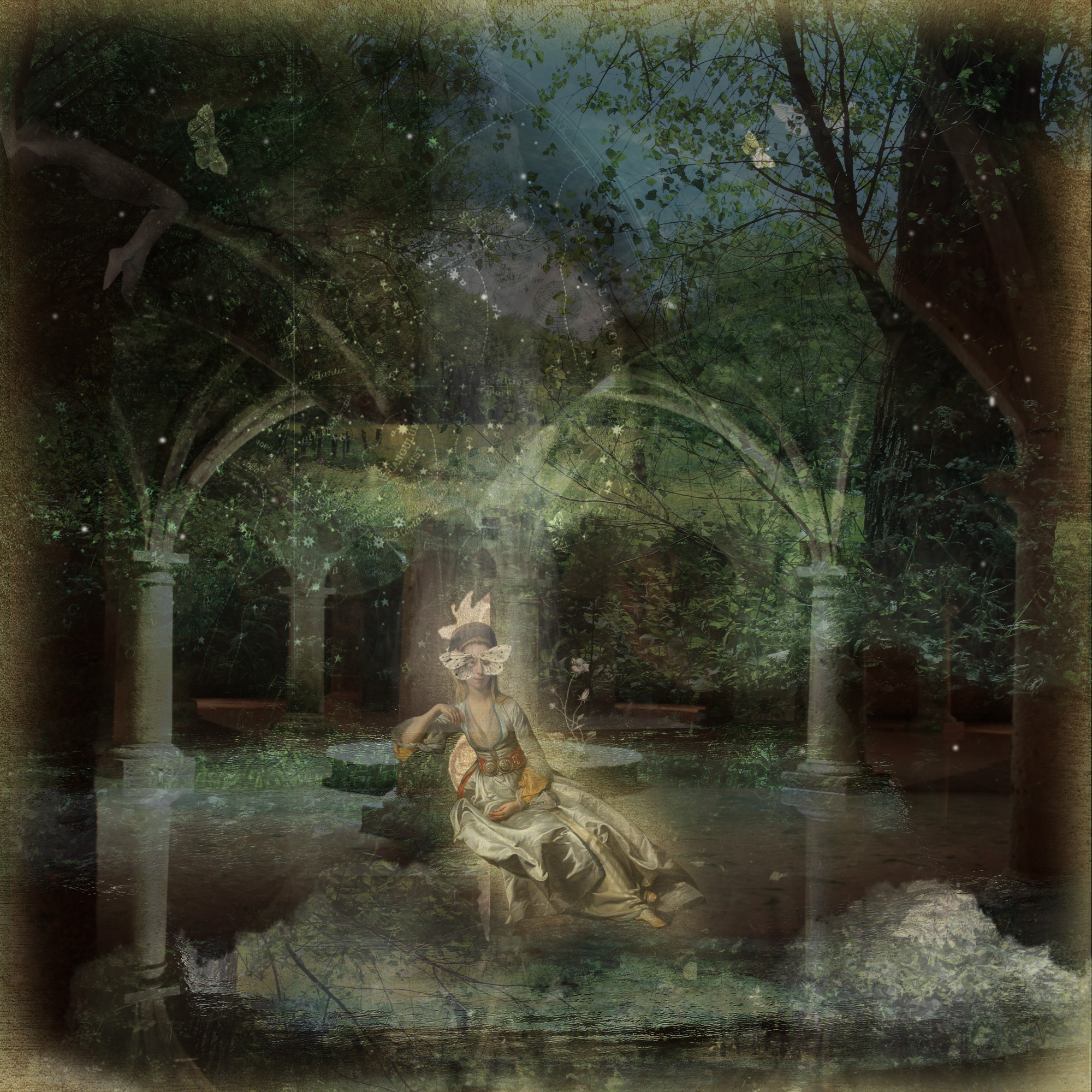 A woman in a butterfly mask sits in a moss-grown cloister, an astrological map overlaid across the scene.